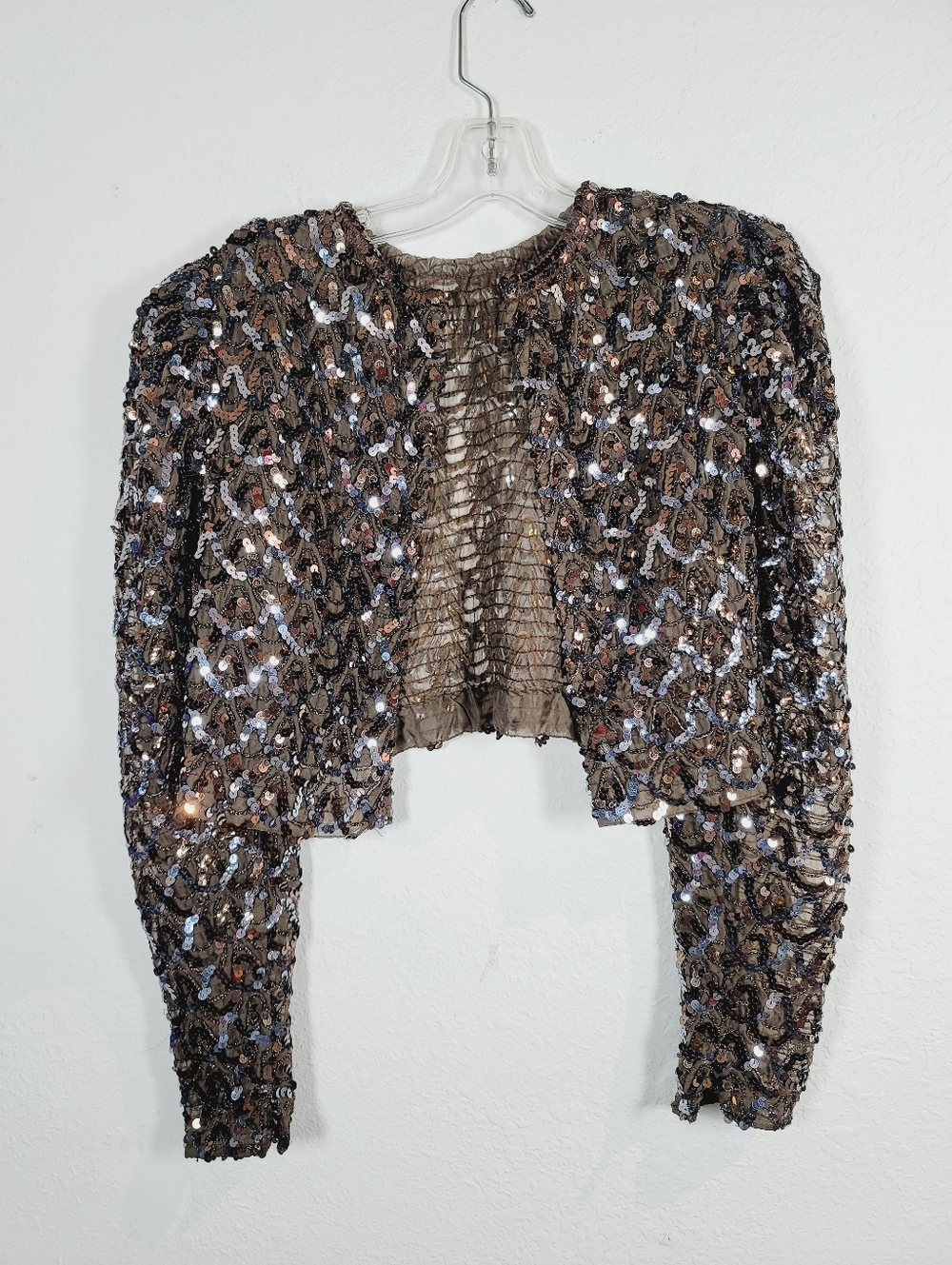 Cropped Sequin Bolero Jacket in Metallic Taupe